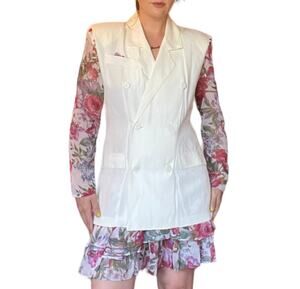 Vintage 70s cream and pink floral skirt and blazer suit set M